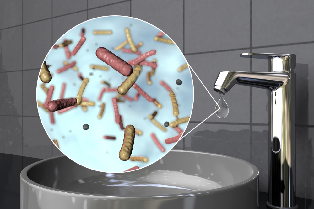a bathroom sink and faucet with a water droplet and an enhance bubble that shows bacteria floating in the water droplet