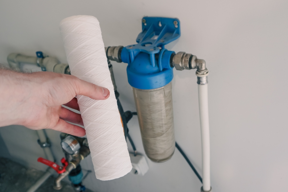 replacing a dirty water filter in a whole-home system with a clean white filter