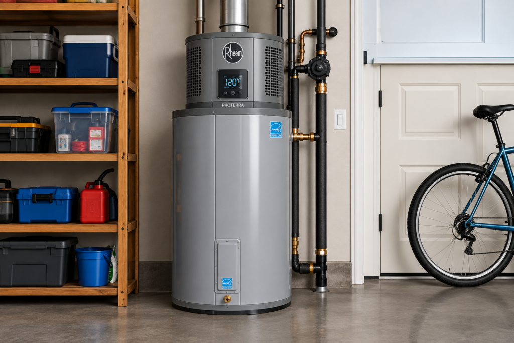 A high-efficiency hybrid heat pump water heater installed in a home garage