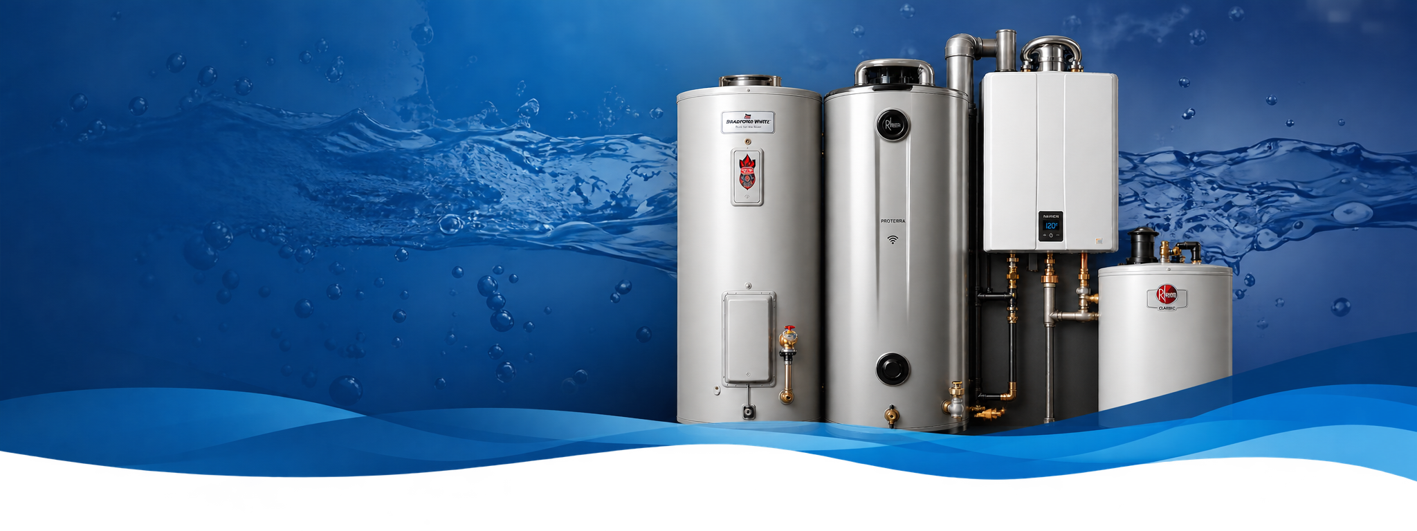 Tank, tankless and hybrid water heaters of the type Serv-All installs and services