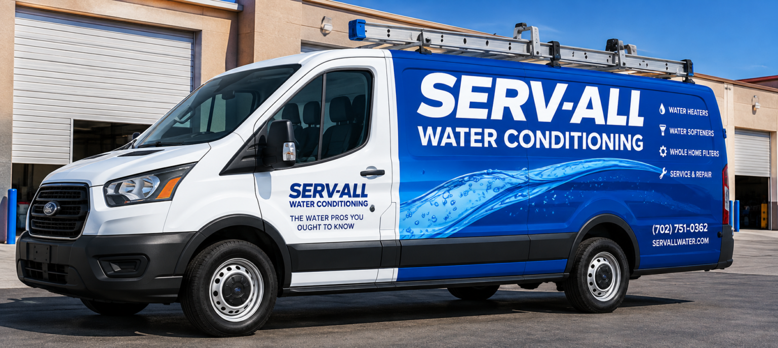A Serv-All Water Conditioning service van outside the company’s Las Vegas facility