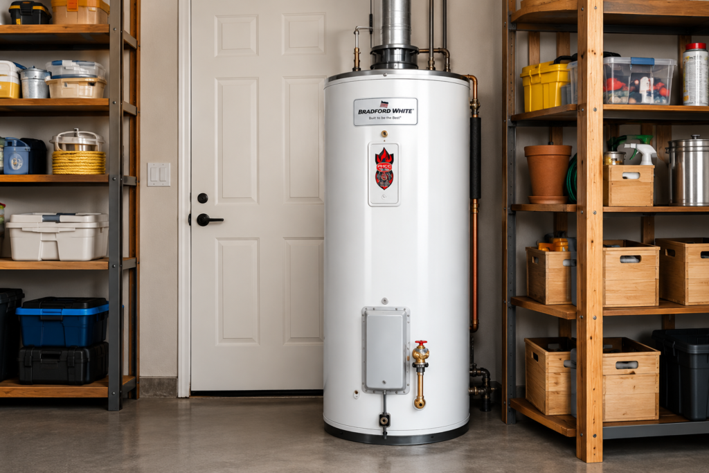 A gas storage-tank water heater installed in a home garage