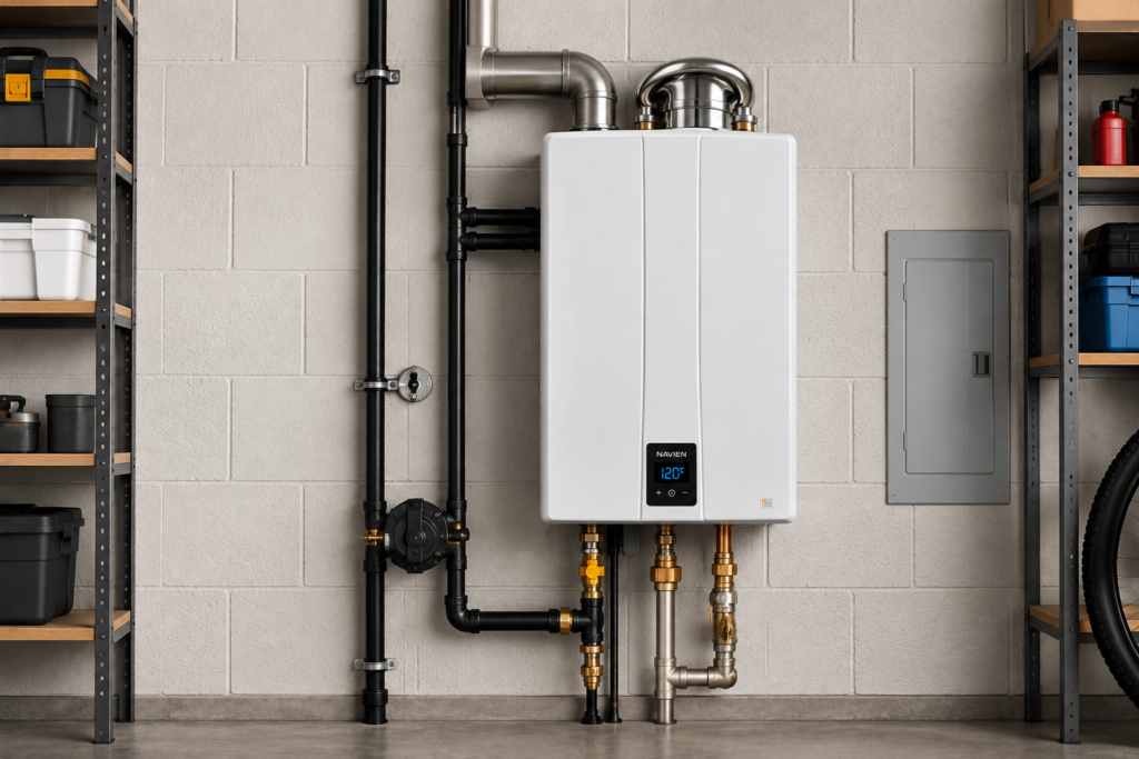 A wall-mounted tankless water heater installed in a home garage
